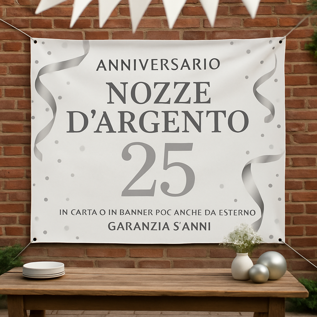 GLOBAL STRISCIONE FONDALE ANNIVERSARIO - NOZZE ARGENTO - IN CARTA O IN BANNER PVC ANCHE DA ESTERNO GARANZIA 5 ANNI - 01 ambientata