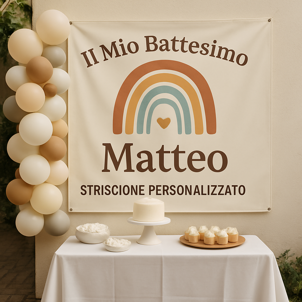 GLOBAL STRISCIONE FONDALE BATTESIMO - Battesimo Arcobaleno - STRISCIONE PERSONALIZZATO IN CARTA O IN BANNER PVC ANCHE DA ESTERNO GARANZIA 5 ANNI - 01 ambientata