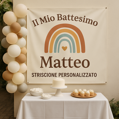 GLOBAL STRISCIONE FONDALE BATTESIMO - Battesimo Arcobaleno - STRISCIONE PERSONALIZZATO IN CARTA O IN BANNER PVC ANCHE DA ESTERNO GARANZIA 5 ANNI - 01 ambientata
