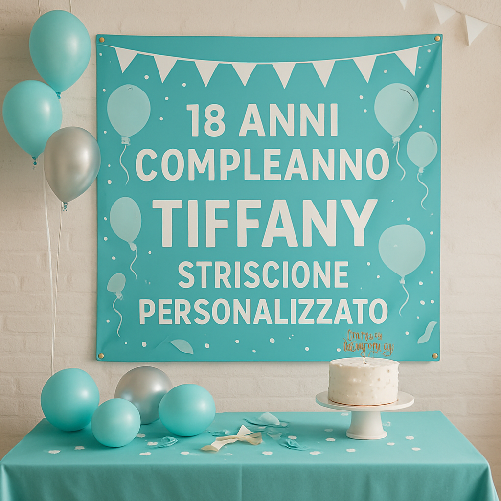 GLOBAL STRISCIONE FONDALE COMPLEANNO - 18 Anni Compleanno Tiffany - STRISCIONE PERSONALIZZATO IN CARTA O IN BANNER PVC ANCHE DA ESTERNO GARANZIA 5 ANNI - 01 ambientata