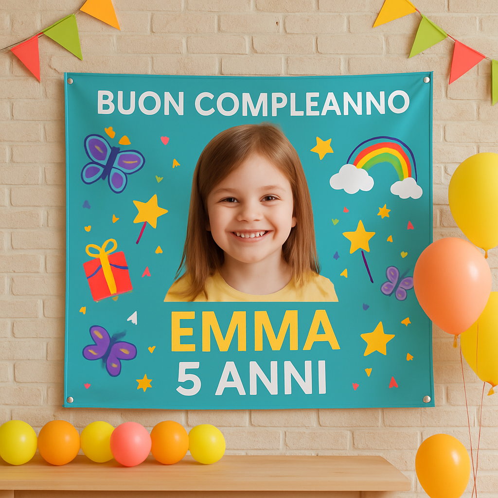 BANNER STRISCIONE compleanno - Superman - CON NOME foto ed età bimbo/a - 01 ambientata