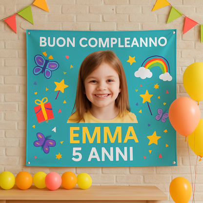 BANNER STRISCIONE compleanno - Superman - CON NOME foto ed età bimbo/a - 01 ambientata