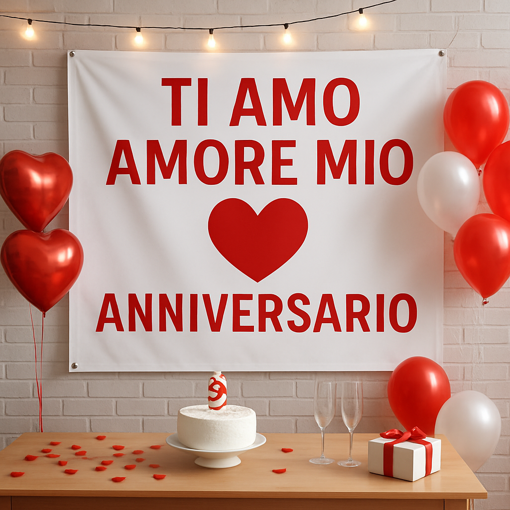 GLOBAL STRISCIONE FONDALE ANNIVERSARIO - TI AMO AMORE MIO - IN CARTA O IN BANNER PVC ANCHE DA ESTERNO GARANZIA 5 ANNI - 01 ambientata