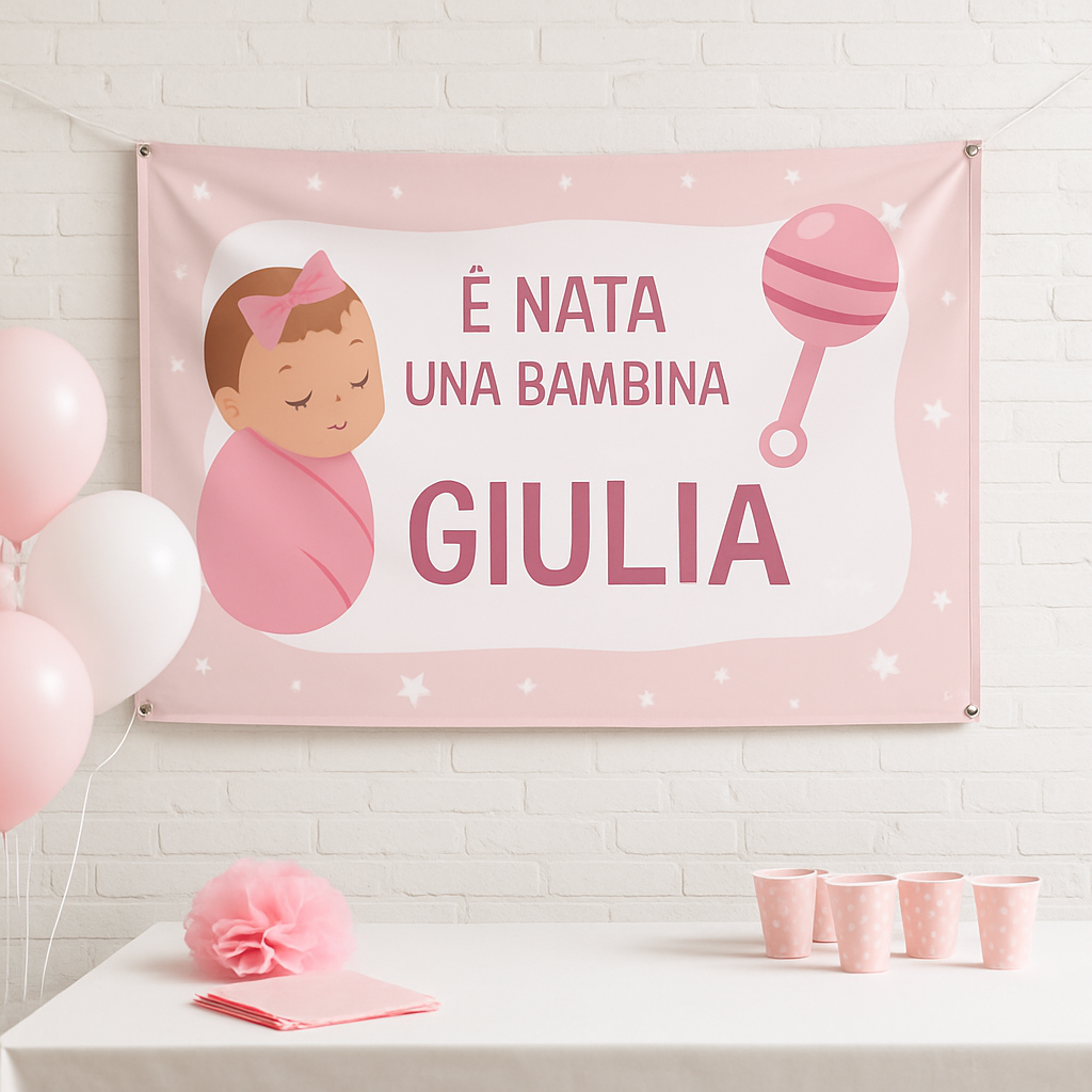 BANNER STRISCIONE NASCITA - Bambina sonaglio - CON IL TUO NOME bimbo neonato - 01 ambientata