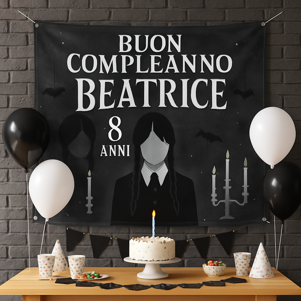 BANNER STRISCIONE compleanno - Mercoledì Addams mod. 2 - CON NOME ed età bimbo/a - 01 ambientata