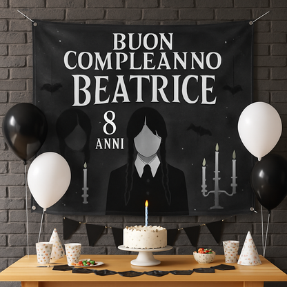 BANNER STRISCIONE compleanno - Mercoledì Addams mod. 2 - CON NOME ed età bimbo/a - 01 ambientata