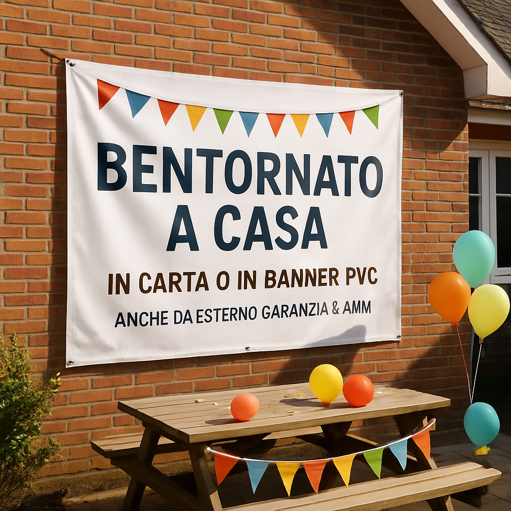 GLOBAL STRISCIONE FONDALE ANNIVERSARIO - BENTORNATO A CASA - IN CARTA O IN BANNER PVC ANCHE DA ESTERNO GARANZIA 5 ANNI - 01 ambientata
