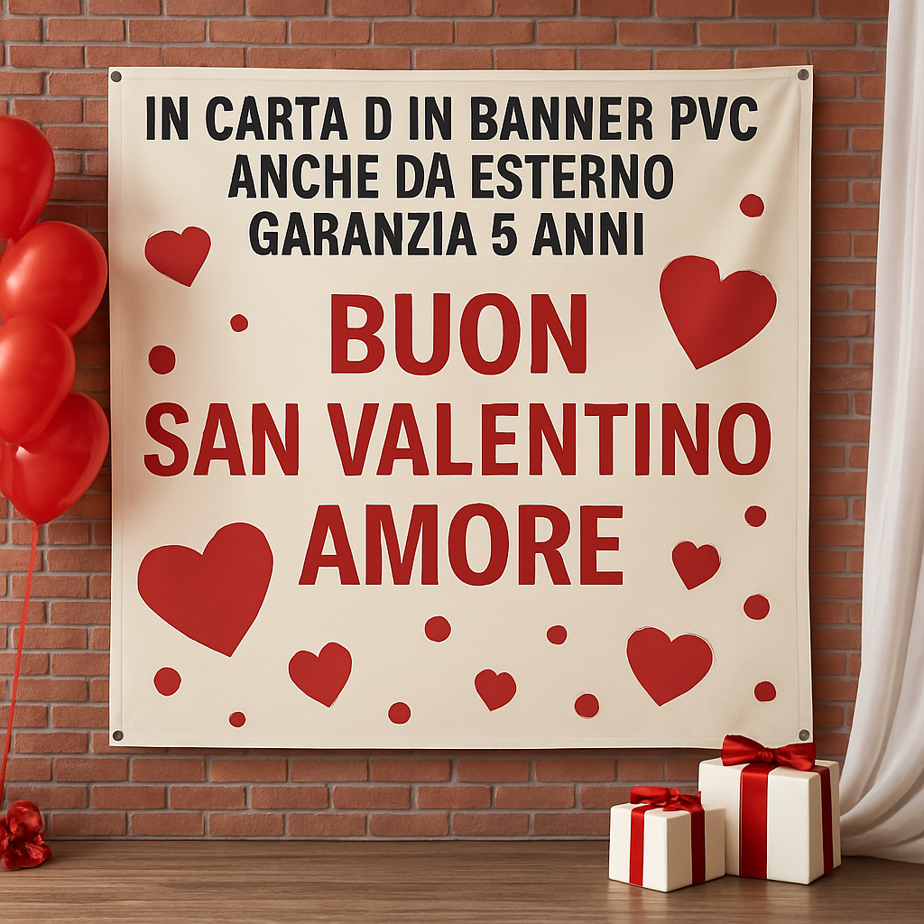 GLOBAL STRISCIONE FONDALE ANNIVERSARIO - BUON SAN VALENTINO AMORE - IN CARTA O IN BANNER PVC ANCHE DA ESTERNO GARANZIA 5 ANNI - 01 ambientata