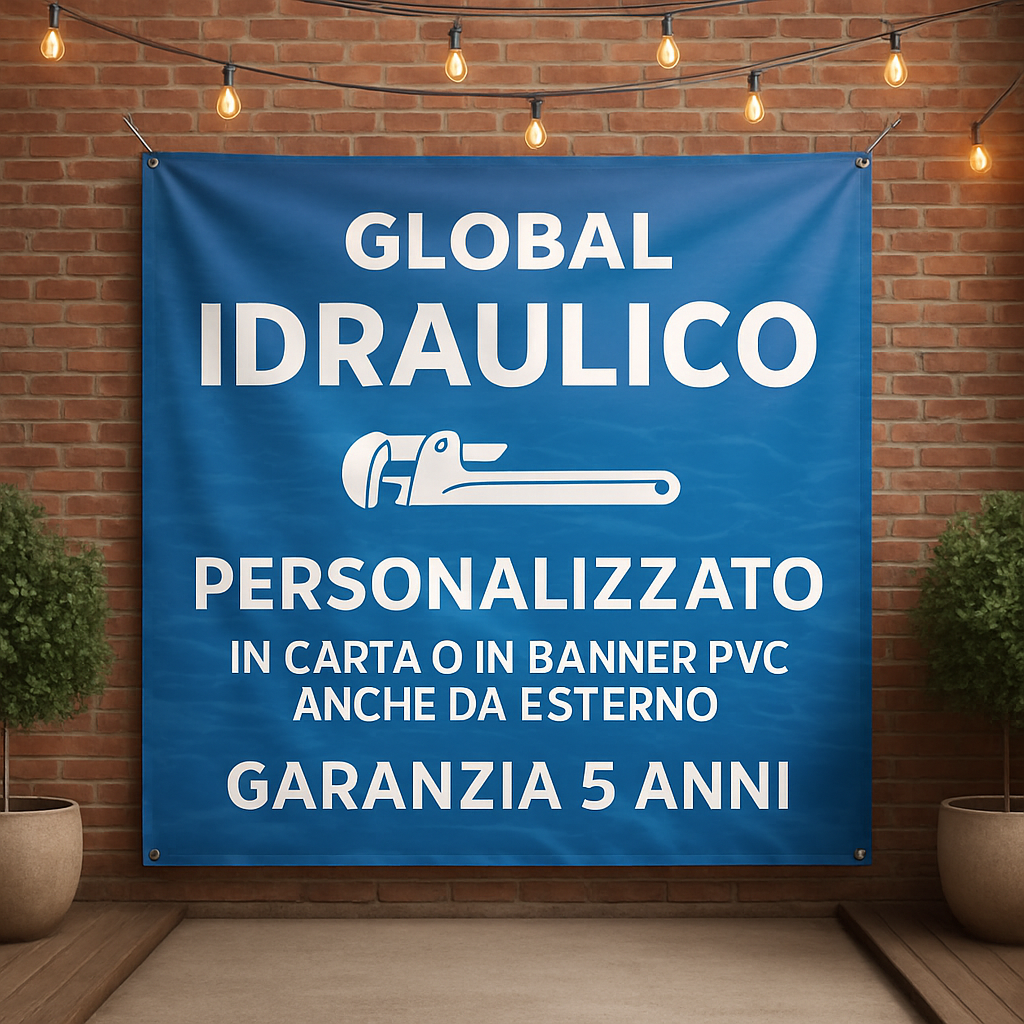 GLOBAL STRISCIONE FONDALE ATTIVITÀ - IDRAULICO - PERSONALIZZATO IN CARTA O IN BANNER PVC ANCHE DA ESTERNO GARANZIA 5 ANNI - 01 ambientata