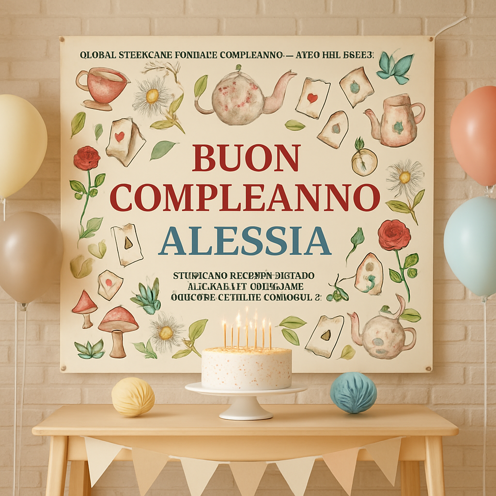 GLOBAL STRISCIONE FONDALE COMPLEANNO - Alice Nel Paese delle Meraviglie - STRISCIONE PERSONALIZZATO IN CARTA O IN BANNER PVC ANCHE DA ESTERNO GARANZIA 5 ANNI - 01 ambientata