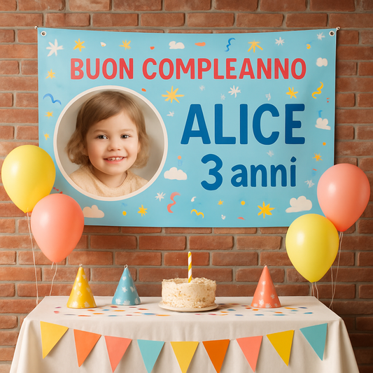 BANNER STRISCIONE compleanno - Spiderman - CON NOME foto ed età bimbo/a - 01 ambientata