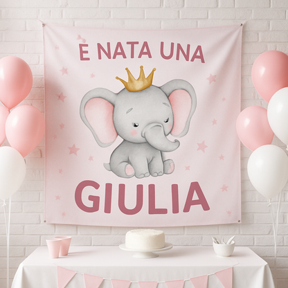 BANNER STRISCIONE NASCITA - Elefantina Principessa - CON IL TUO NOME bimbo neonato - 01 ambientata
