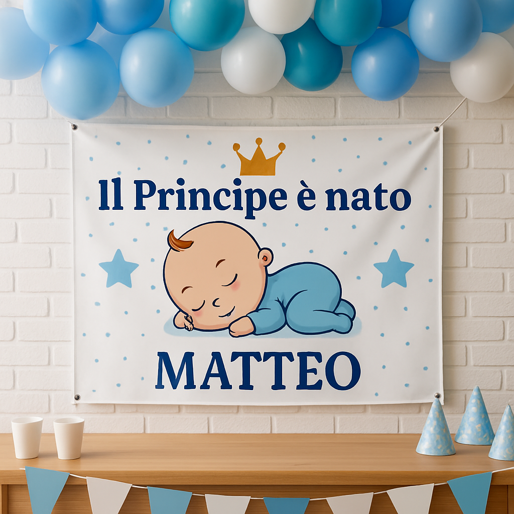 BANNER STRISCIONE NASCITA - Il principe è nato - CON IL TUO NOME bimbo neonato - 01 ambientata