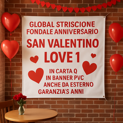 GLOBAL STRISCIONE FONDALE ANNIVERSARIO - SAN VALENTINO LOVE 1 - IN CARTA O IN BANNER PVC ANCHE DA ESTERNO GARANZIA 5 ANNI - 01 ambientata