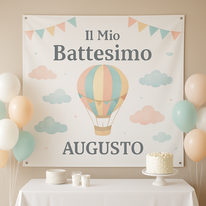 GLOBAL STRISCIONE FONDALE BATTESIMO - Battesimo Mongolfiera Colori Pastello - STRISCIONE PERSONALIZZATO IN CARTA O IN BANNER PVC ANCHE DA ESTERNO GARANZIA 5 ANNI - 01 ambientata