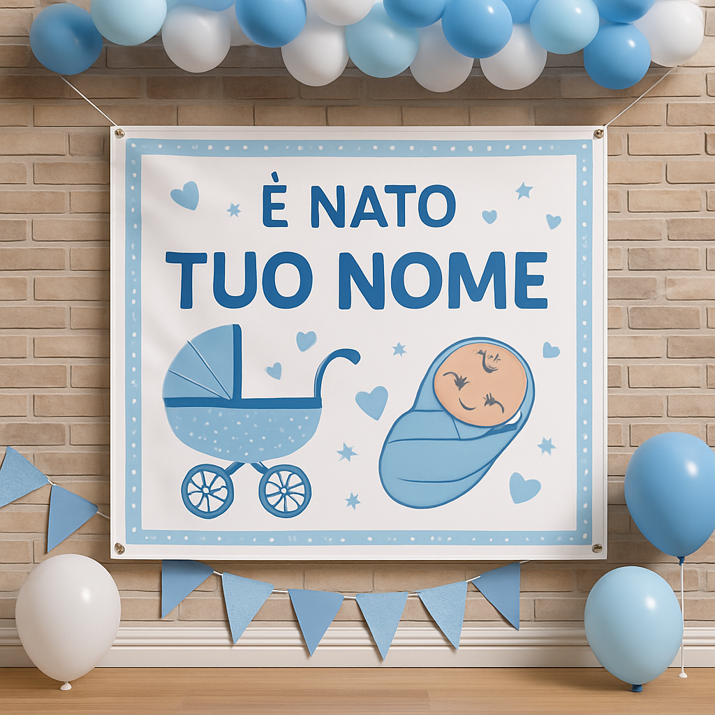 BANNER STRISCIONE NASCITA - Carrozzina - CON IL TUO NOME bimbo neonato - 01 ambientata