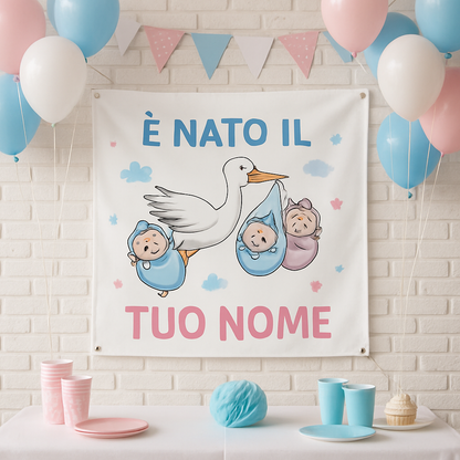 BANNER STRISCIONE NASCITA - Cicogna Gemelli Boy and Girl - CON IL TUO NOME bimbo neonato - 01 ambientata