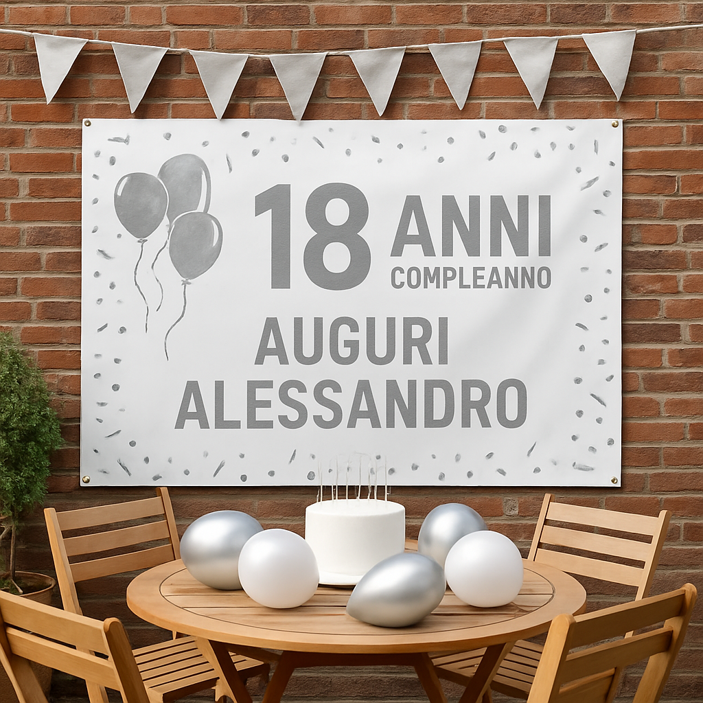 GLOBAL STRISCIONE FONDALE COMPLEANNO - 18 Anni Compleanno Silver - STRISCIONE PERSONALIZZATO IN CARTA O IN BANNER PVC ANCHE DA ESTERNO GARANZIA 5 ANNI - 01 ambientata