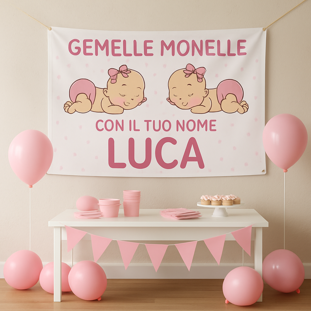 BANNER STRISCIONE NASCITA - Gemelle Monelle - CON IL TUO NOME bimbo neonato - 01 ambientata