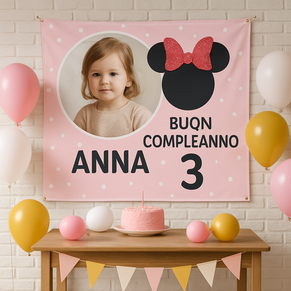 BANNER STRISCIONE compleanno - Topolina - CON NOME foto ed età bimbo/a - 01 ambientata
