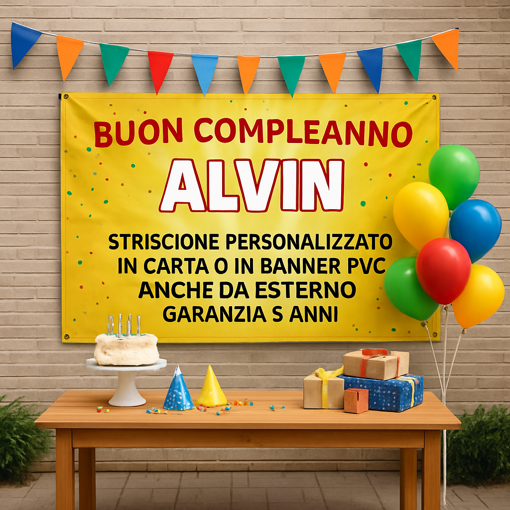 GLOBAL STRISCIONE FONDALE COMPLEANNO - Alvin superstar - STRISCIONE PERSONALIZZATO IN CARTA O IN BANNER PVC ANCHE DA ESTERNO GARANZIA 5 ANNI - 01 ambientata