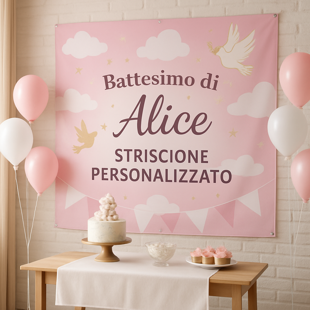 GLOBAL STRISCIONE FONDALE BATTESIMO - Battesimo Bimba - STRISCIONE PERSONALIZZATO IN CARTA O IN BANNER PVC ANCHE DA ESTERNO GARANZIA 5 ANNI - 01 ambientata