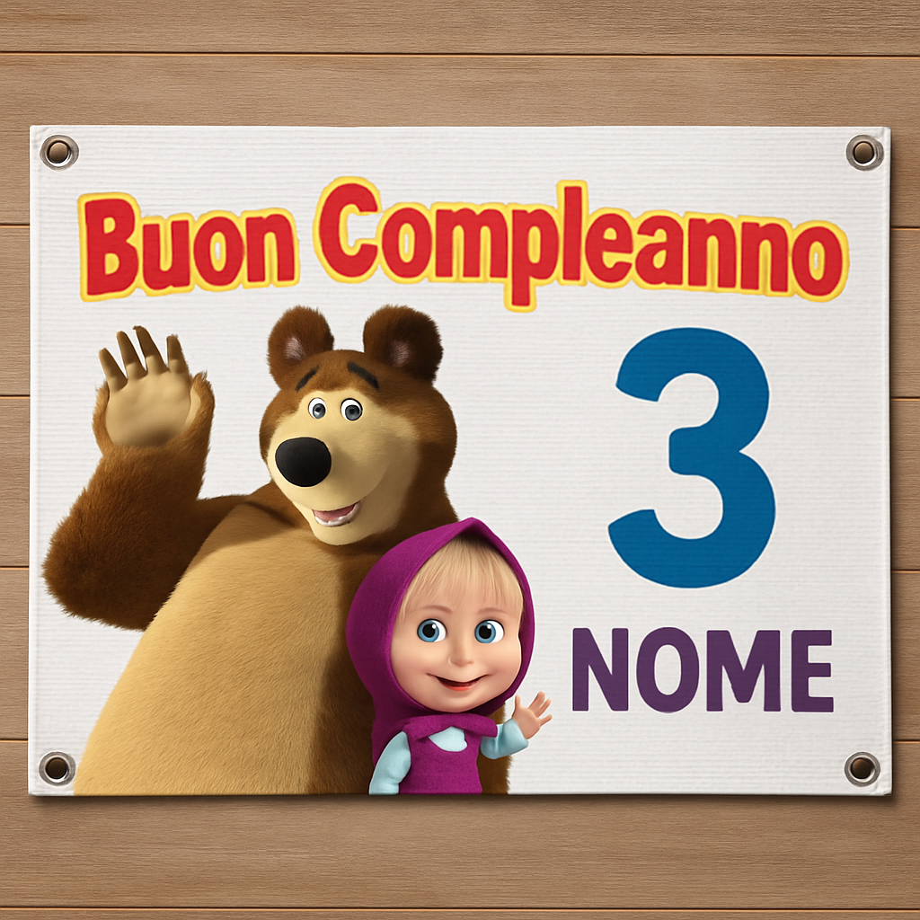 BANNER STRISCIONE compleanno - Masha e Orso MOD 2 - CON NOME foto ed età bimbo/a - 02 dettaglio personalizzazione