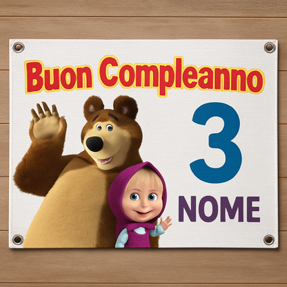 BANNER STRISCIONE compleanno - Masha e Orso MOD 2 - CON NOME foto ed età bimbo/a - 02 dettaglio personalizzazione