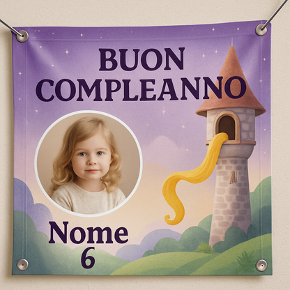 BANNER STRISCIONE compleanno - Rapunzel - CON NOME foto ed età bimbo/a - 02 dettaglio personalizzazione