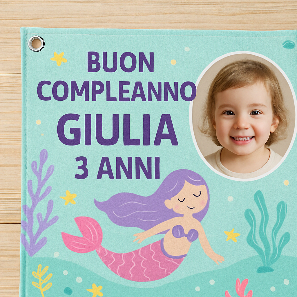 BANNER STRISCIONE compleanno - Minnie Sirena - CON NOME foto ed età bimbo/a - 02 dettaglio personalizzazione