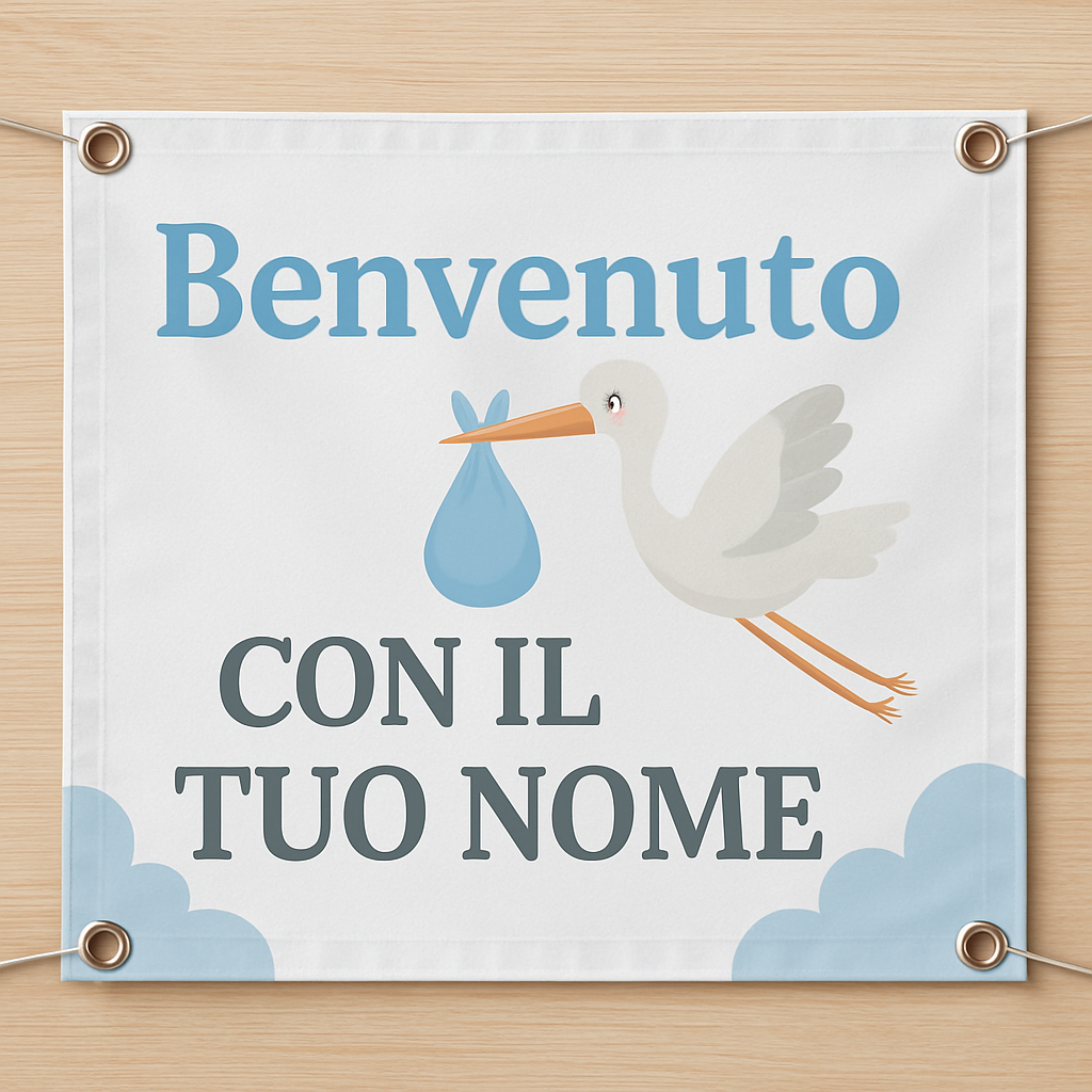 BANNER STRISCIONE NASCITA - Benvenuto con cicogna - CON IL TUO NOME bimbo neonato - 02 dettaglio personalizzazione