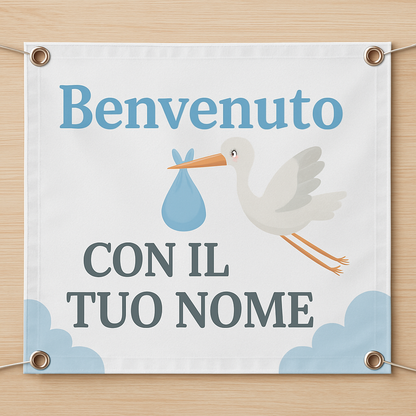 BANNER STRISCIONE NASCITA - Benvenuto con cicogna - CON IL TUO NOME bimbo neonato - 02 dettaglio personalizzazione