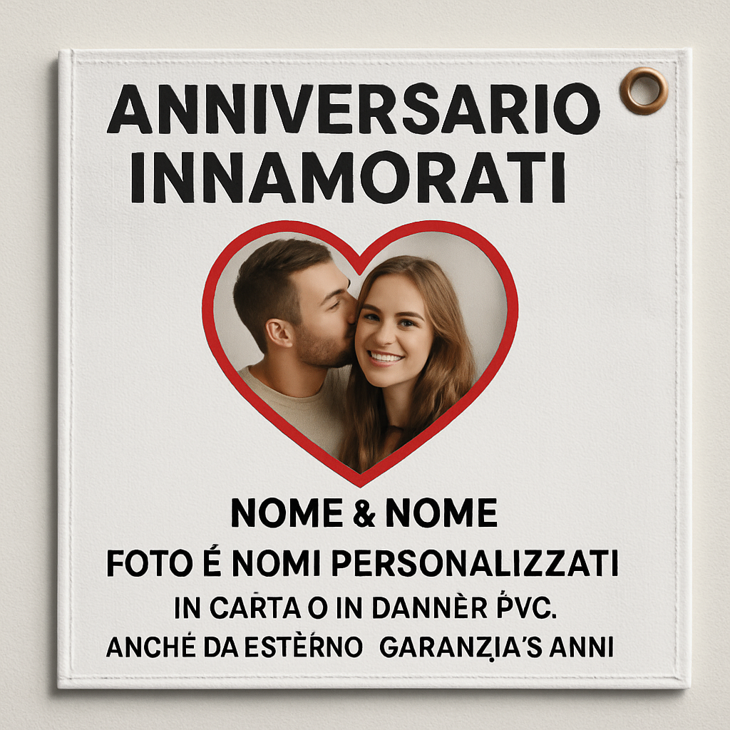 GLOBAL STRISCIONE FONDALE ANNIVERSARIO - INNAMORATI CON FOTO E NOMI PERSONALIZZATI - IN CARTA O IN BANNER PVC ANCHE DA ESTERNO GARANZIA 5 ANNI - 02 dettaglio personalizzazione