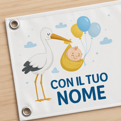 BANNER STRISCIONE NASCITA - Cicogna Palloncini - CON IL TUO NOME bimbo neonato - 02 dettaglio personalizzazione
