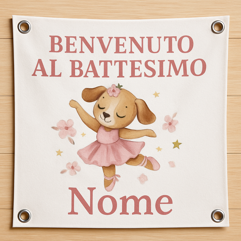 Banner striscione battesimo Ballerina Cagnolina personalizzato - 02 dettaglio personalizzazione
