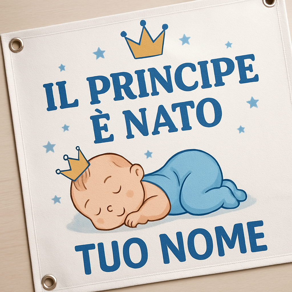 BANNER STRISCIONE NASCITA - Il principe è nato - CON IL TUO NOME bimbo neonato - 02 dettaglio personalizzazione