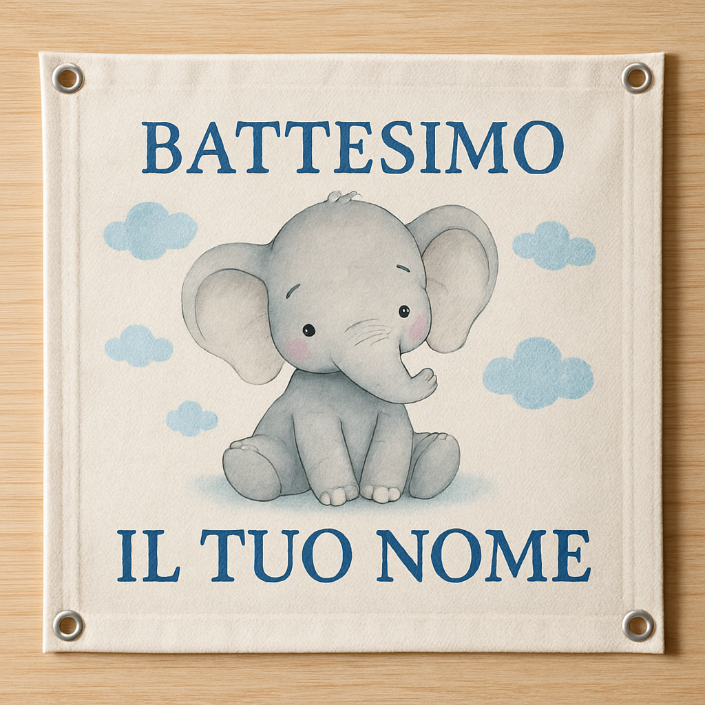 BANNER STRISCIONE BATTESIMO - Elefantino mod.2 - CON IL TUO NOME bimbo - 02 dettaglio personalizzazione