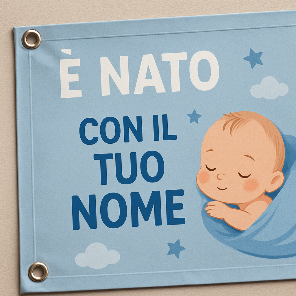 BANNER STRISCIONE NASCITA - è nato - CON IL TUO NOME bimbo neonato - 02 dettaglio personalizzazione