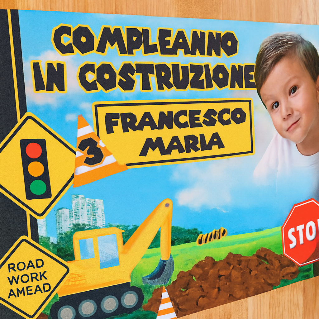 GLOBAL STRISCIONE FONDALE COMPLEANNO - Cantiere Trattore - STRISCIONE PERSONALIZZATO IN CARTA O IN BANNER PVC ANCHE DA ESTERNO GARANZIA 5 ANNI - 02 dettaglio personalizzazione