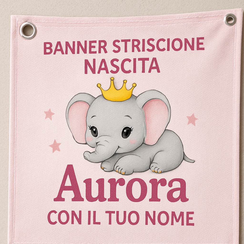 BANNER STRISCIONE NASCITA - Elefantina Principessa - CON IL TUO NOME bimbo neonato - 02 dettaglio personalizzazione