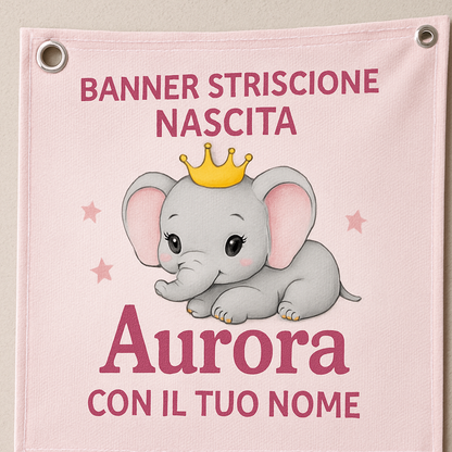 BANNER STRISCIONE NASCITA - Elefantina Principessa - CON IL TUO NOME bimbo neonato - 02 dettaglio personalizzazione