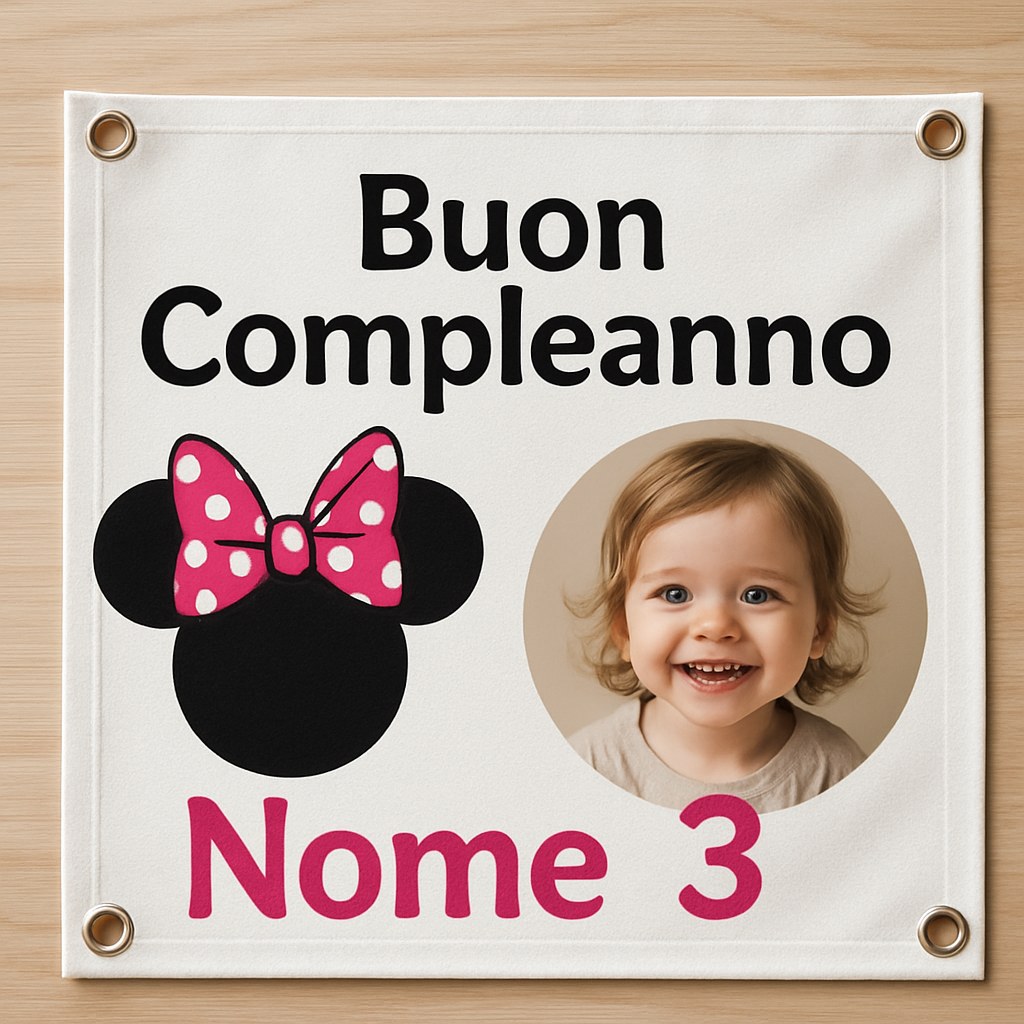 BANNER STRISCIONE compleanno - Topolina - CON NOME foto ed età bimbo/a - 02 dettaglio personalizzazione
