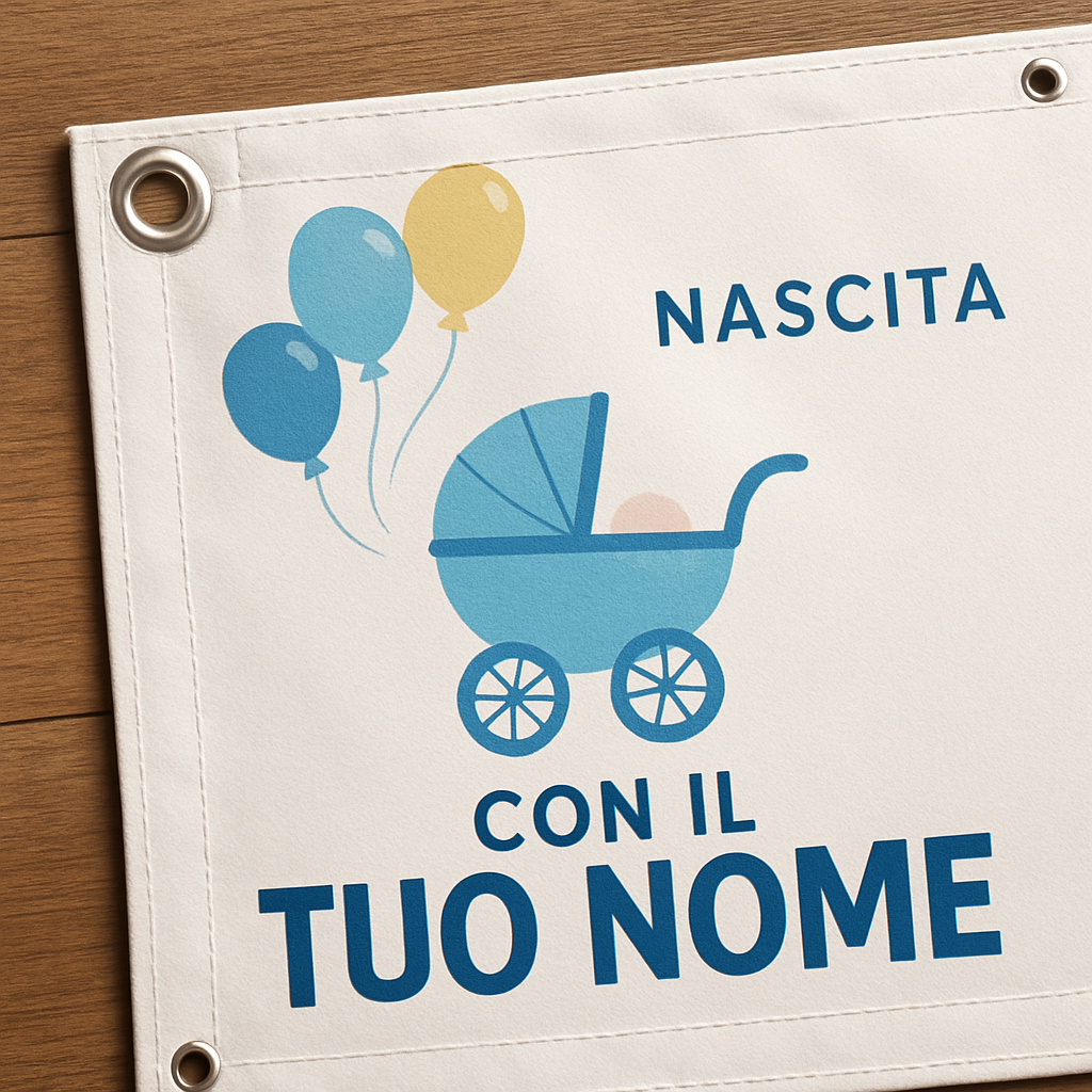 BANNER STRISCIONE NASCITA - Palloncini e carrozina - CON IL TUO NOME bimbo neonato - 02 dettaglio personalizzazione