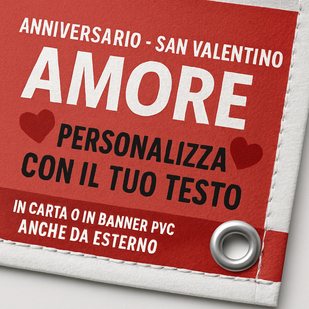 GLOBAL STRISCIONE FONDALE ANNIVERSARIO - SAN VALENTINO AMORE - IN CARTA O IN BANNER PVC ANCHE DA ESTERNO GARANZIA 5 ANNI - 02 dettaglio personalizzazione