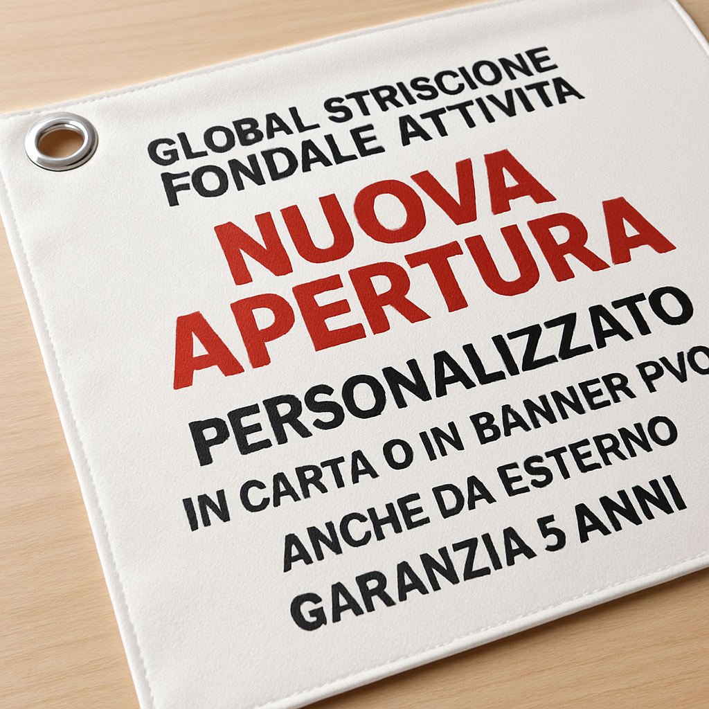 GLOBAL STRISCIONE FONDALE ATTIVITÀ - NUOVA APERTURA - PERSONALIZZATO IN CARTA O IN BANNER PVC ANCHE DA ESTERNO GARANZIA 5 ANNI - 02 dettaglio personalizzazione