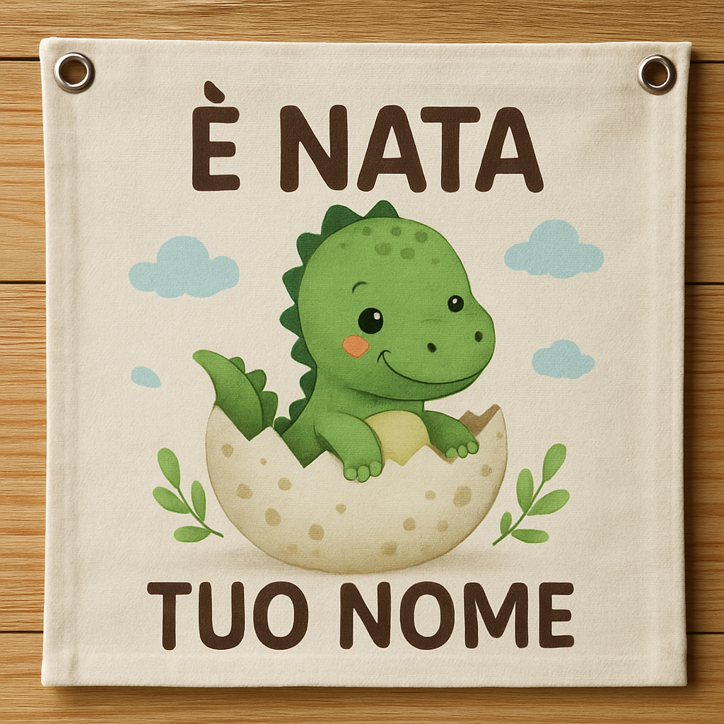 BANNER STRISCIONE NASCITA - Cucciolo di dinosauro - CON IL TUO NOME bimbo neonato - 02 dettaglio personalizzazione