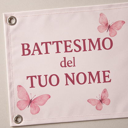 BANNER STRISCIONE BATTESIMO - Farfalle rosa - CON IL TUO NOME bimbo - 02 dettaglio personalizzazione