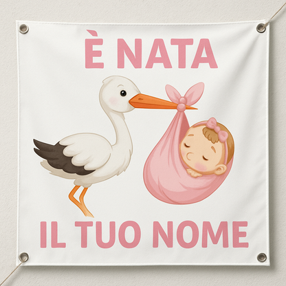 BANNER STRISCIONE NASCITA - Cicogna con neonata rosa mod. 2 - CON IL TUO NOME bimbo neonato - 02 dettaglio personalizzazione
