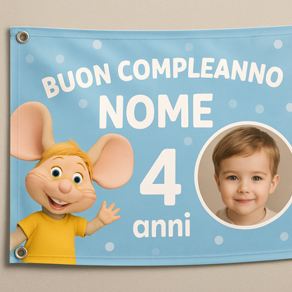 BANNER STRISCIONE compleanno - Topo Gigio - CON NOME foto ed età bimbo/a - 02 dettaglio personalizzazione