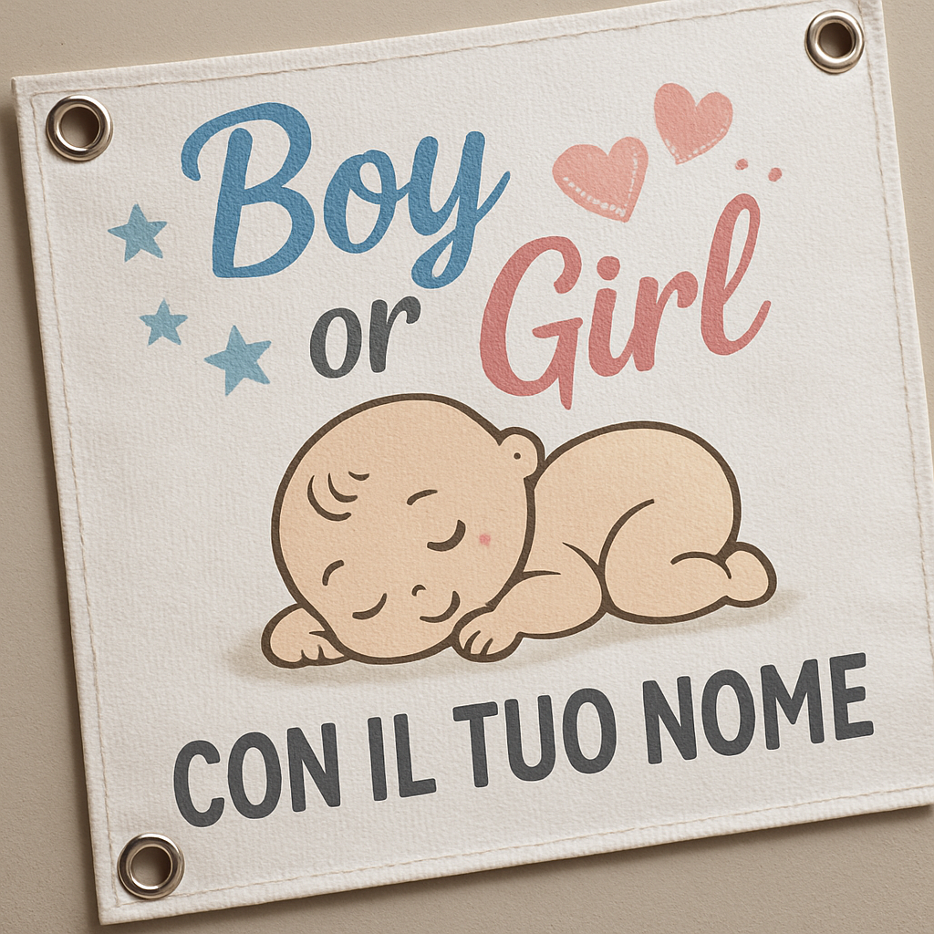 BANNER STRISCIONE NASCITA - Boy or Girl - CON IL TUO NOME bimbo neonato - 02 dettaglio personalizzazione